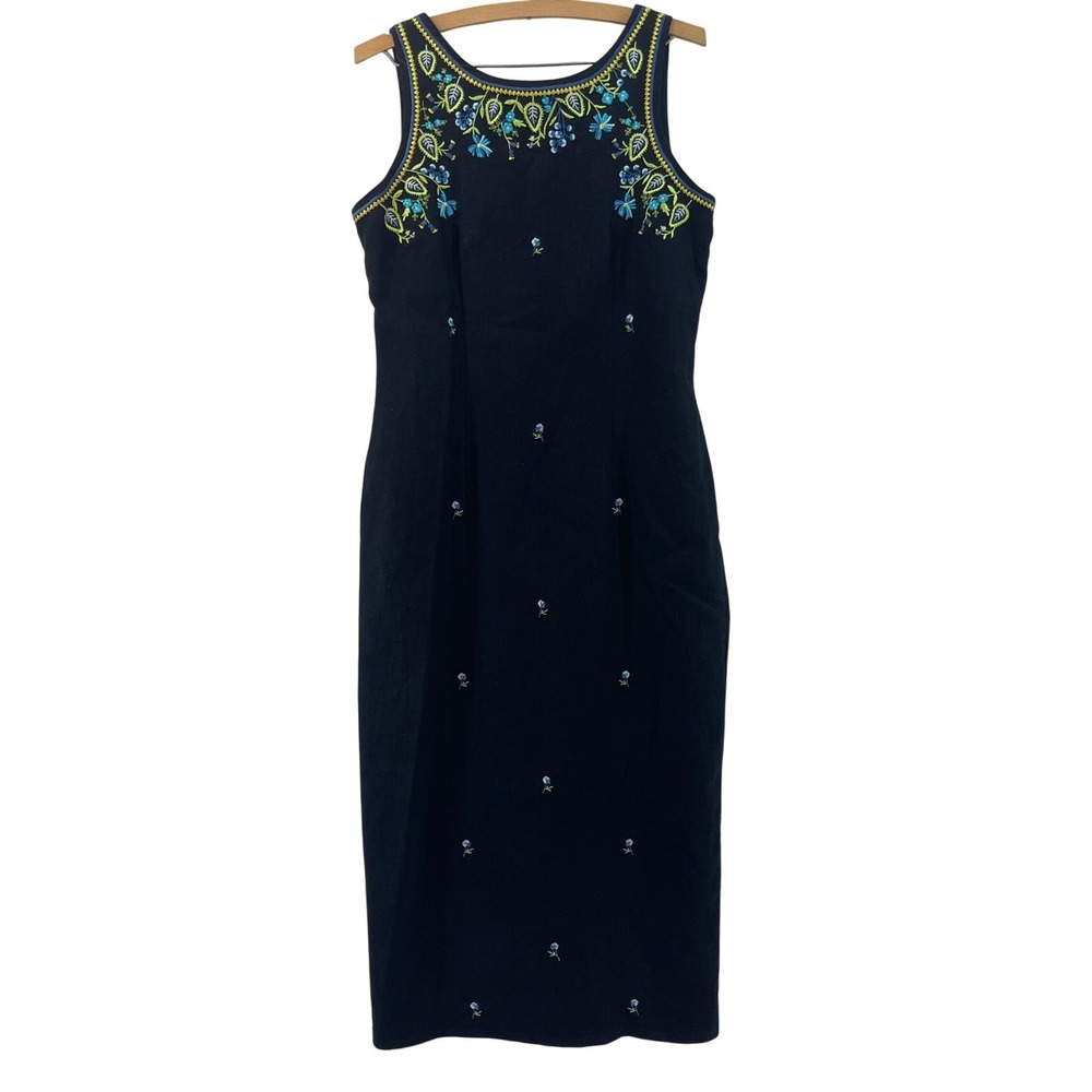 Vintage‎ Embroidered Midi Dress Women 8 Black Floral Button Back Lined Euro Chic